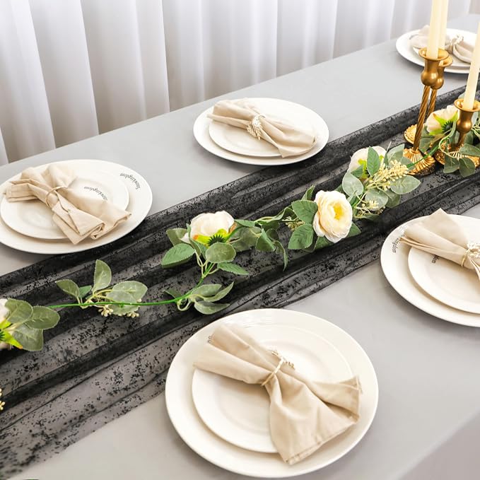 Snowkingdom Black Table Runner, 10FT Sheer Tulle Gauze Metallic Mesh Foil Table - Image 4