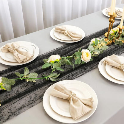 Snowkingdom Black Table Runner, 10FT Sheer Tulle Gauze Metallic Mesh Foil Table - Image 4