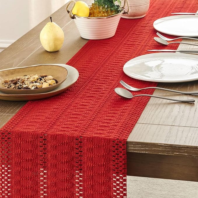 Macrame Style Boho Table Runner, 12x90 Inch Red | Woven Boho Table Runner - Image 5