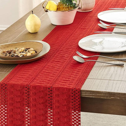 Macrame Style Boho Table Runner, 12x36 Inch Red | Woven Boho Table Runner - Image 5