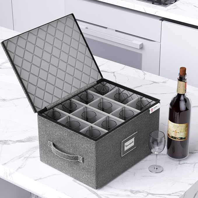 Wine Glass Storage Box with Dividers, Hard Shell and Stackable Stemware Storage - Image 5