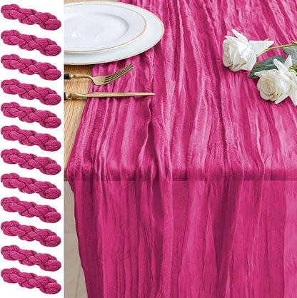Cheesecloth Table Runner 10FT 12Pcs Fuchsia Boho Gauze Rustic Sheer Runners | by Xiomot
