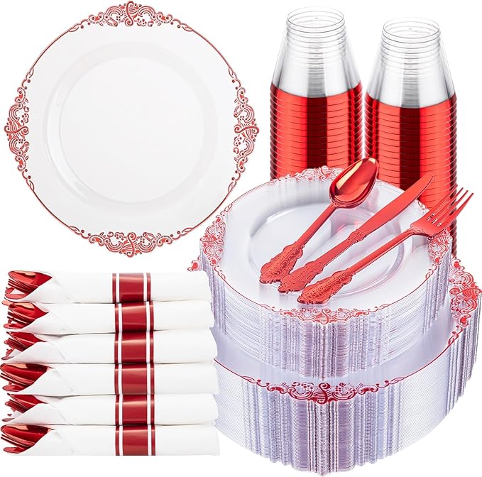 350 Pcs Clear Red Plates for Party | Red Party Plates Set for 50 Guests by Hioasis