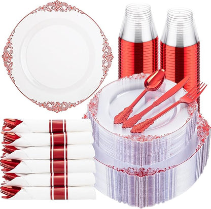 350 Pcs Clear Red Plates for Party | Red Party Plates Set for 50 Guests by Hioasis