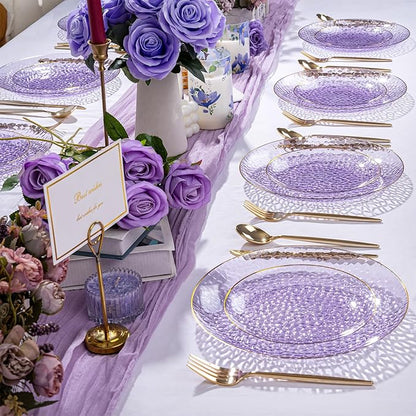 Rubtlamp 60Pcs Clear Purple Gold Plastic Plates, Purple Disposable Plates With Gold Rim, Hammered Plastic Plates Include 30 Clear Dessert Plates, 30 Dinner Plates for Party