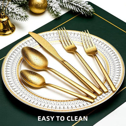 20pcs Matte Gold Cuboid Silverware, Stainless Steel Flatware Set, Service for 4, Forged Cutlery Set, Dishwasher Safe