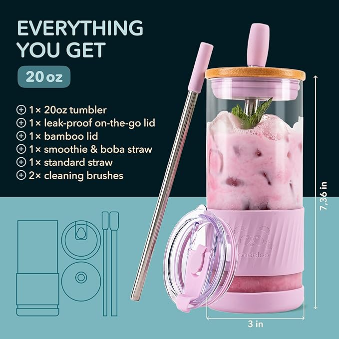 Pandaloo® Glass Cups With Lids and Straws -20 Fl Oz- Perfect Size Iced Coffee - Image 2