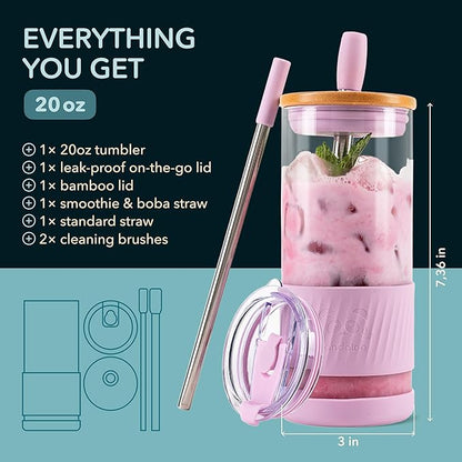 Pandaloo® Glass Cups With Lids and Straws -20 Fl Oz- Perfect Size Iced Coffee - Image 2