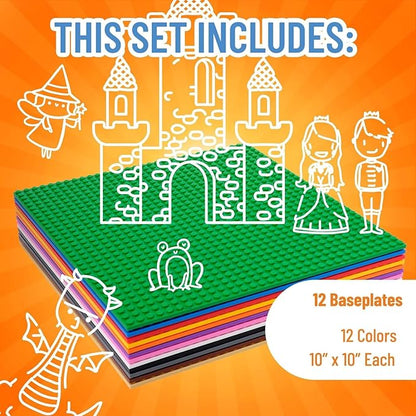 Strictly Briks Stackable Baseplates - 12 Pack 10"x10", 32x32 Studs, Compatible with Lego for Building City Scenes, Foundation, Displays Bricks on Play Table, Kids Easter Gift, Classic
