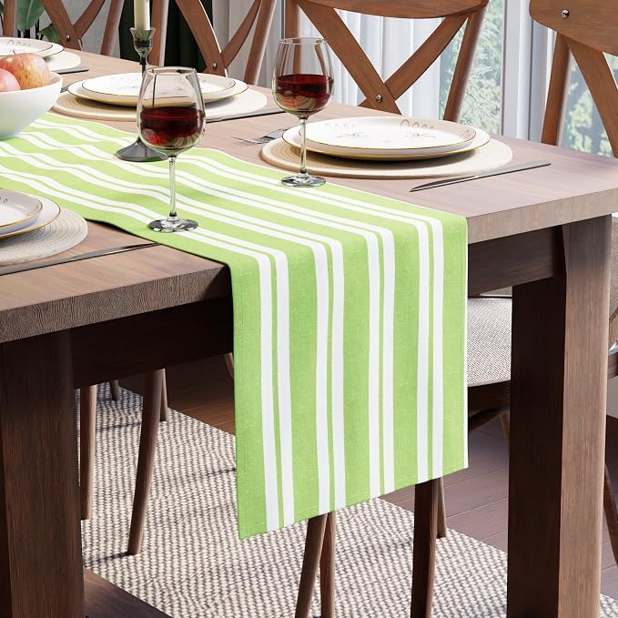 Encasa XO Table Runner, Woven Cotton Dining Runner 13"x59" Franca Lime Stripes by EncasaXO