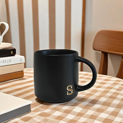 COLLECTIVE HOME Black Ceramic Coffee Mug, 15 oz Golden Monogram Tea Cup | - Image 5