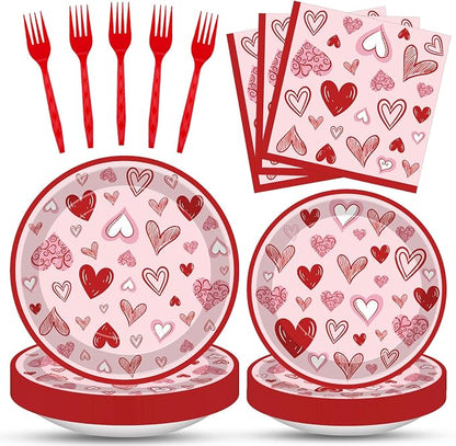 100 Pcs Valentine’s Day Heart Tableware Party Supplies Set, Serves 25 – by Merriva