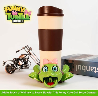 Funny Turtle Coaster, Cute Turtle with Pink Bow & Funny Face Expression,Turtle Cup Holder, Coaster for Desk & Home Decor, Gag Gift for Tortoise Lovers
