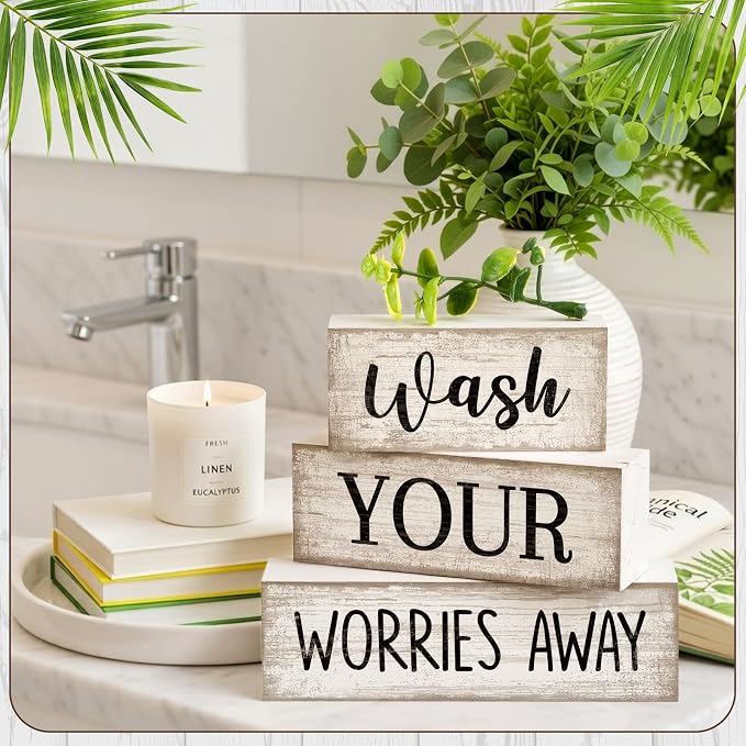 Moucuny 4 Pcs Farmhouse Laundry Room Decor Stacked Blocks Wash Your Worries - Image 7