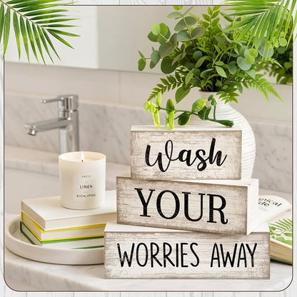 Moucuny 4 Pcs Farmhouse Laundry Room Decor Stacked Blocks Wash Your Worries - Image 7