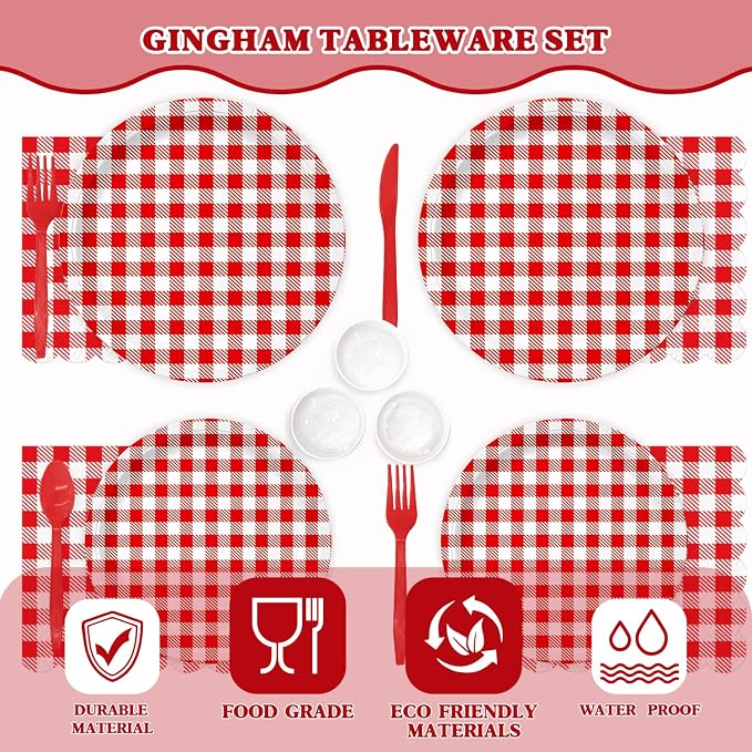 Vyntra 350 Pcs Red & White Checkered Gingham Paper Plates and Napkins Set - Image 5