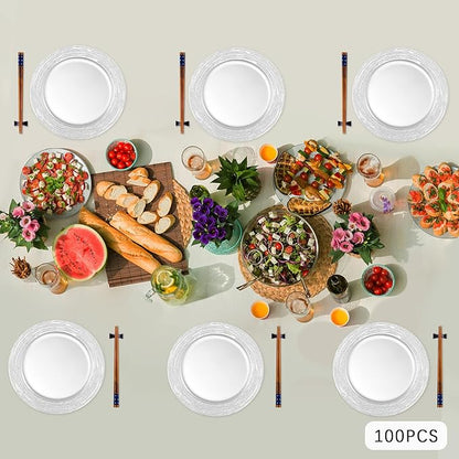 100 Pcs Silver Charger Plates Bulk, 13 Inch Antique Plastic Round Chargers Set, Textured Decorative Dinner Plates for Wedding Party Banquet Event Festival Table Decoration (Silver)