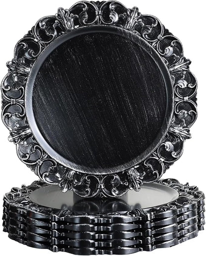 Black Charger Plates Set of 6, Decorative Table Plastic Chargers for Dinner Plates, Party, Wedding, Thanksgiving, Christmas, 11B