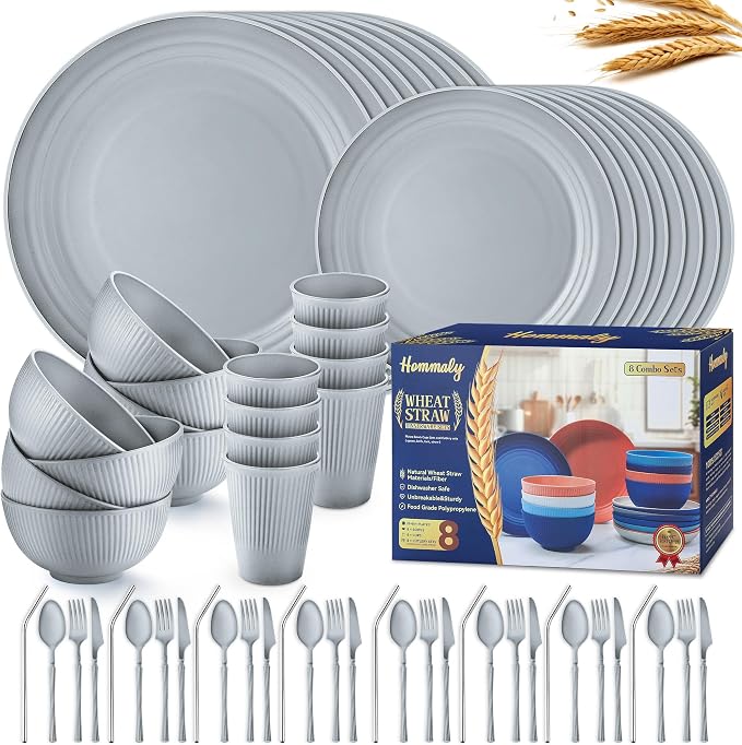 Wheat Straw Dinnerware Sets, 64-Piece Plates and Bowls Sets by HOMMALY