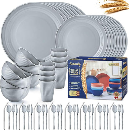 Wheat Straw Dinnerware Sets, 64-Piece Plates and Bowls Sets by HOMMALY
