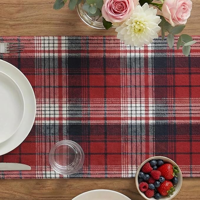 Artoid Mode Red Dark Blue Farmhouse Plaid Valentine Table Runner, Winter Rustic - Image 3
