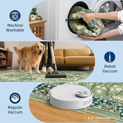 GarveeHome 4x6 Washable Area Rug for Living Room, Floral Large Entryway Kitchen Rug Non Slip, Ultra Soft Stain Resistance Carpet for Bedroom Laundry Room, Sage Green