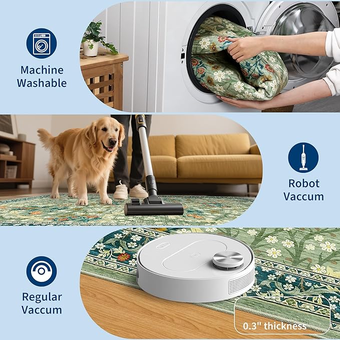 GarveeHome 6x9 Washable Area Rug for Living Room, Floral Dining Room Rugs for Under Table, Low Pile Non-Slip Stain Resistance Floor Carpet for Bedroom, Sage Green
