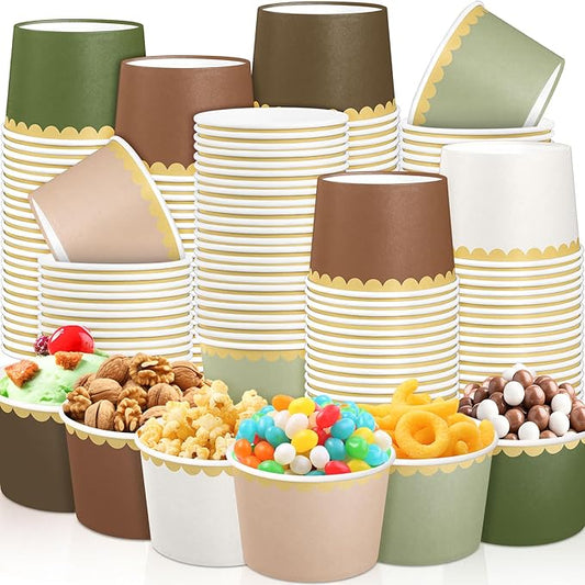 Zopeal 48 Pcs Woodland Disposable Ice Cream Bowls 9oz Green and Brown Gradient Color Paper Snack Cups with Gold Scallop for Parties, Weddings, Baby Showers, Desserts, Yogurt, and Salads