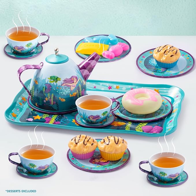 JOYIN Mermaid Tea Party Set for Little Girls, Pretend Tin Teapot Set, Princess - Image 7