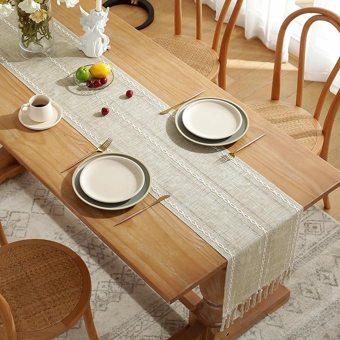 Wracra Rustic Linen Table Runner, Coffee Table Runners 108 inches Long | Raised - Image 5