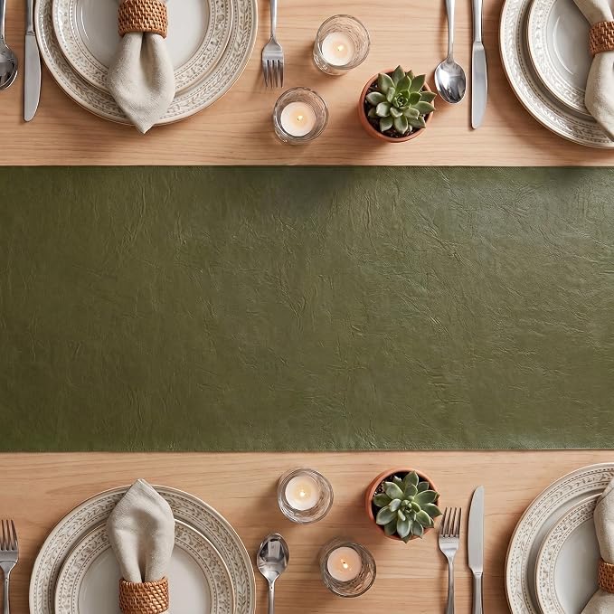 Artoid Mode Olive Green Double Sided Vinyl Faux Leather Table Runner, Seasonal - Image 3
