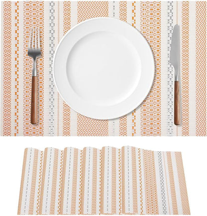 FAVE Boho Vinyl Placemats Set of 6, Durable Woven Place Mats Washable Heat Resistant PVC Table Mats for Parties,Weddings, Dining,Banquet(Orange, 6PCS)