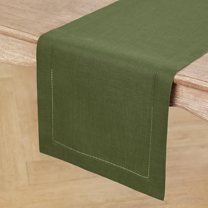 Solino Home 100% Pure Linen Dining Table Runner Olive Hemstitch, 14 x 48 in | - Image 2