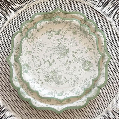 50 Pack 10" Sage Green Dinner Plates in French Toile Floral Pattern, Disposable Round Paper Party Plates 300 GSM for Festive Table Decoration