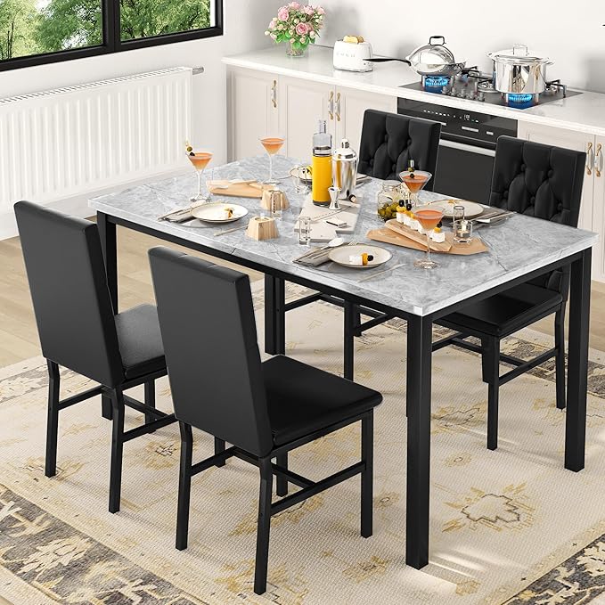 Hooseng Dining Table Set for 4, Faux Marble Small Kitchen Table Chairs Set of 4 with Luxurious Button Tufted Dinner Chairs for Kitchen and Dining (Gray)