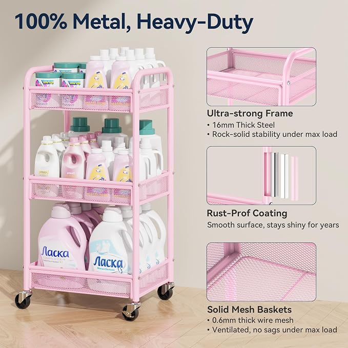 3 Tier Metal Rolling Cart, Art Workspace, Bedside Storage - Image 2