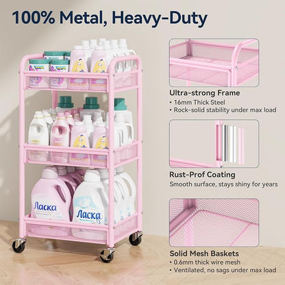3 Tier Metal Rolling Cart, Art Workspace, Bedside Storage - Image 2