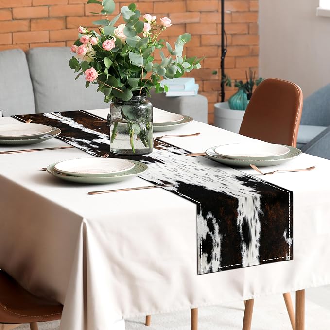 Linen Cow Print Table Runner 13x71 Inch Farmhouse Western Brown Black Cowhide - Image 4
