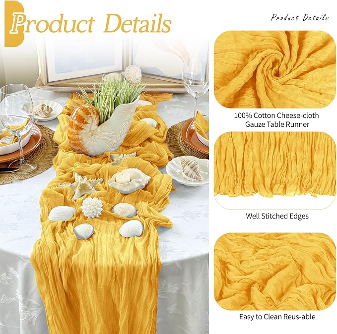 6 Pack Gold Cheesecloth Table Runner 17x108 Inch Semi Sheer Boho Gauze Cheese - Image 3