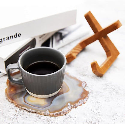 Luxury Lane Large Natural Brazilian Agate Slice Geode Rock Stone Drink Coaster with Wood Holder 4.7-5.5 inch Centerpiece Table Decoration, Oak Brown