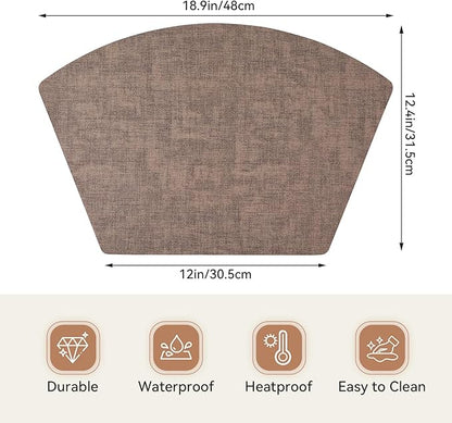 Round Table Placemats Set of 6, Faux Leather Wedge Shape Place Mats Heat Resistant Wipeable Washable Table Mats for Dining Outdoor Indoor, Brown
