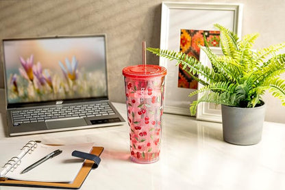 bzyoo 24oz Plastic Tumbler Cup, Lid & Straw, Iced Coffee Cherry Splash | Double - Image 4