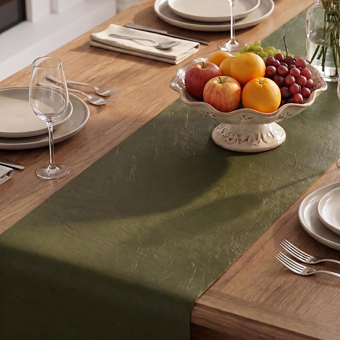Artoid Mode Olive Green Double Sided Vinyl Faux Leather Table Runner, Seasonal - Image 8