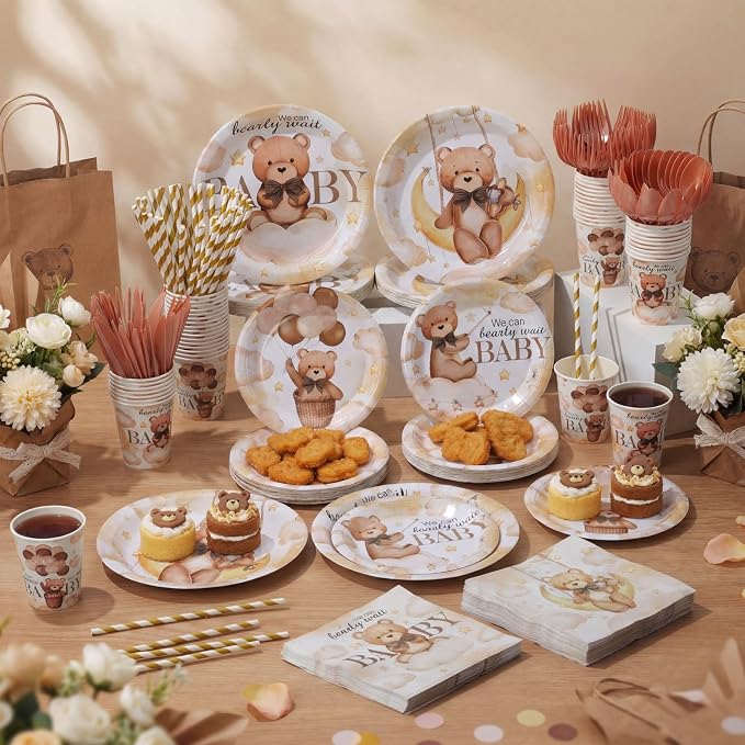 450 Pcs Brown Bear Baby Shower Tableware Set Decoration, Serves 50 | We Can - Image 6