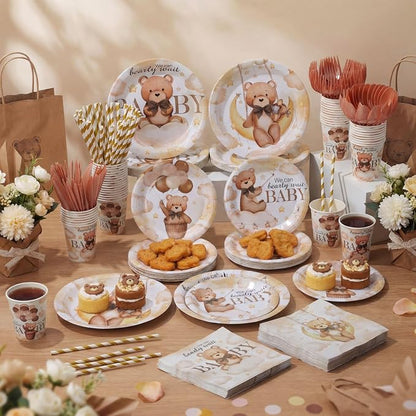450 Pcs Brown Bear Baby Shower Tableware Set Decoration, Serves 50 | We Can - Image 6