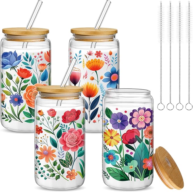 Mumufy 4 Pack Wildflower Glass Cups Gift Aesthetic Cute Glass Cup Tumbler by Mumufy