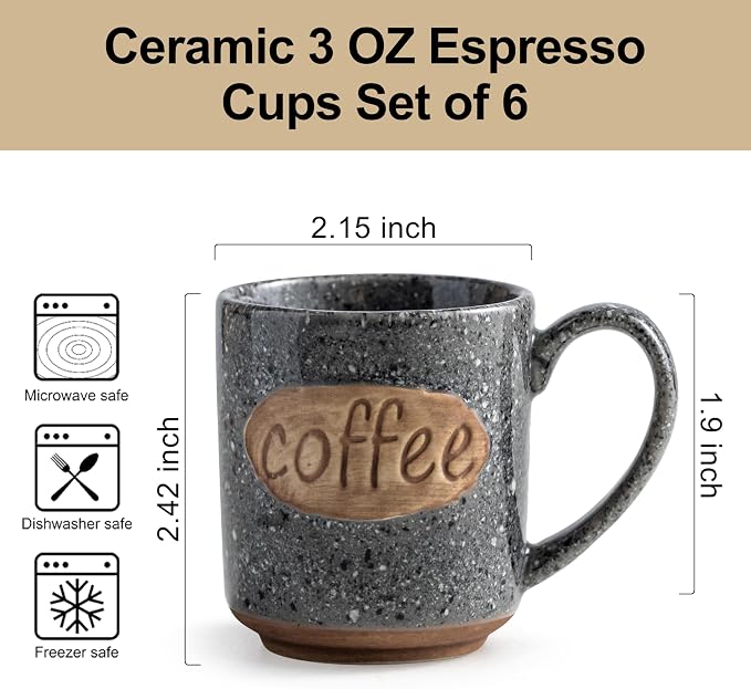 LYEOBOH Espresso Cups, Coffee Cups, Tea Cup - 3 oz Grey Ceramic Set of 6 - Image 2