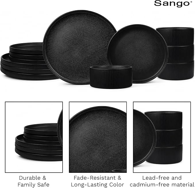 Sango 12 Pieces Stoneware Fluted Dinnerware Set, Modern Black Dishes - Image 8