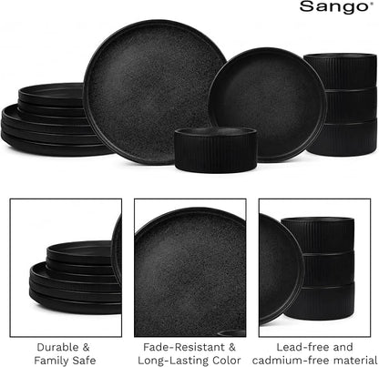 Sango 12 Pieces Stoneware Fluted Dinnerware Set, Modern Black Dishes - Image 8