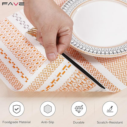 FAVE Boho Vinyl Placemats Set of 4, Durable Woven Place Mats Washable Heat Resistant PVC Table Mats for Parties,Weddings, Dining,Banquet(Orange, 4PCS)
